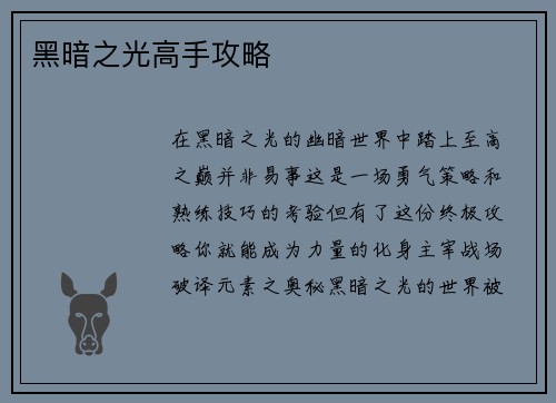 黑暗之光高手攻略